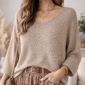 Gilli Tan V-Neck Knit Lightweight Sweater Dolman Sleeves. Summer. Spring Top.